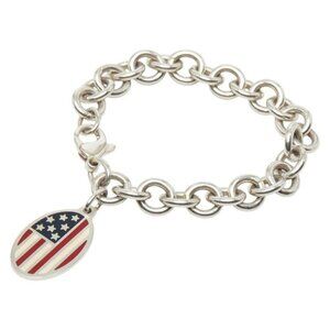 Tiffany & Co Oval Tag Stars and Stripes Motif Chain Bracelet Silver
